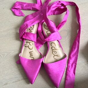 Brand new Sam Edelman strappy pink satin flats with ribbon